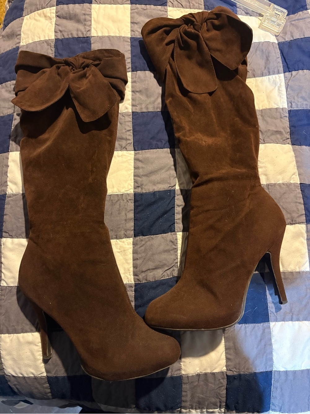 JustFab Brown Suede Knee-High Bow Heeled Boots